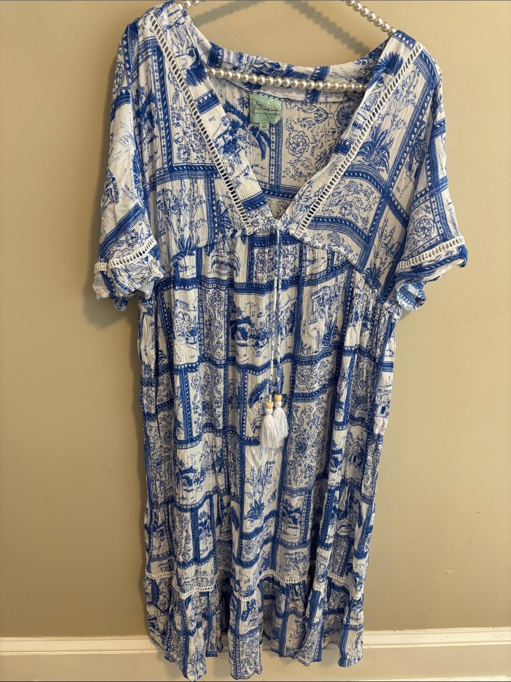 True Destinations Dress Medium M Blue White Toile Patchwork Tiered Midi Boho